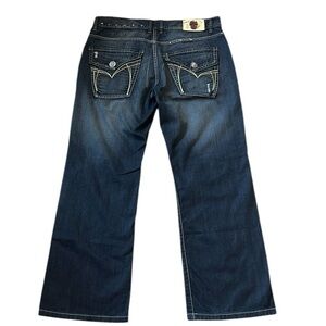 Y2K Laguna Beach Distressed Jeans Dark Blue Flap Pockets Embroidered Skull 38x31